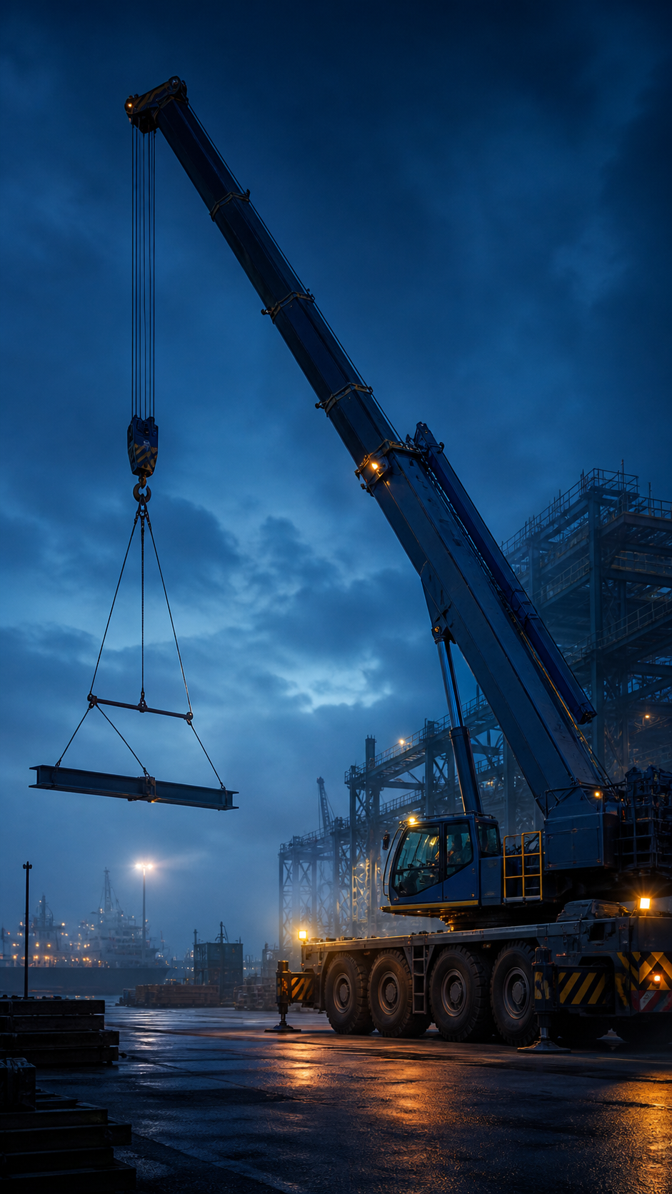 Crane mengangkat struktur baja di area proyek